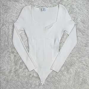 Abercrombie & Fitch White Stretch Seamless Fabric Long-Sleeve Bodysuit, MEDIUM